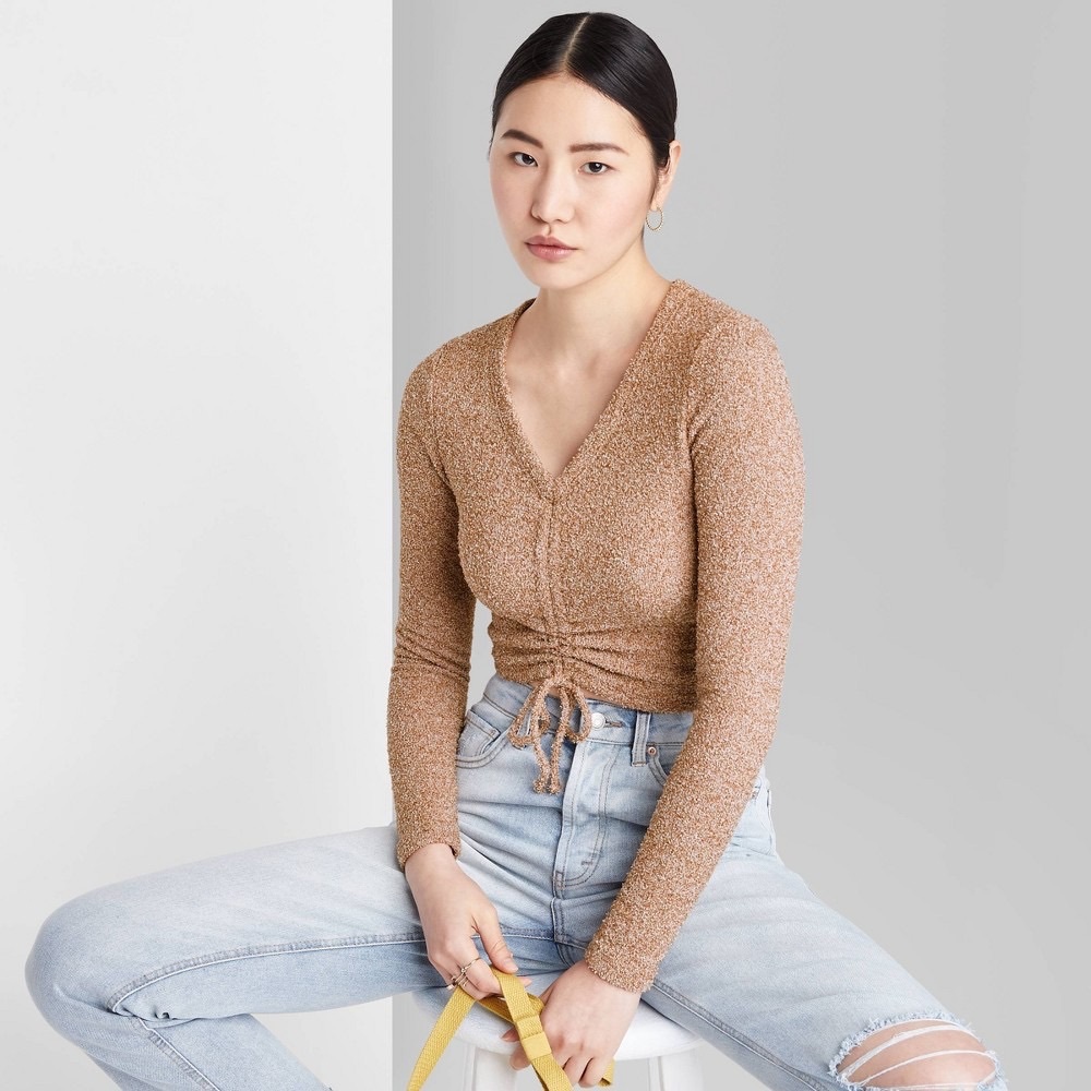 Women's Long Sleeve V-Neck Ruched Front Fitted Sweater - Wild Fable™- XS